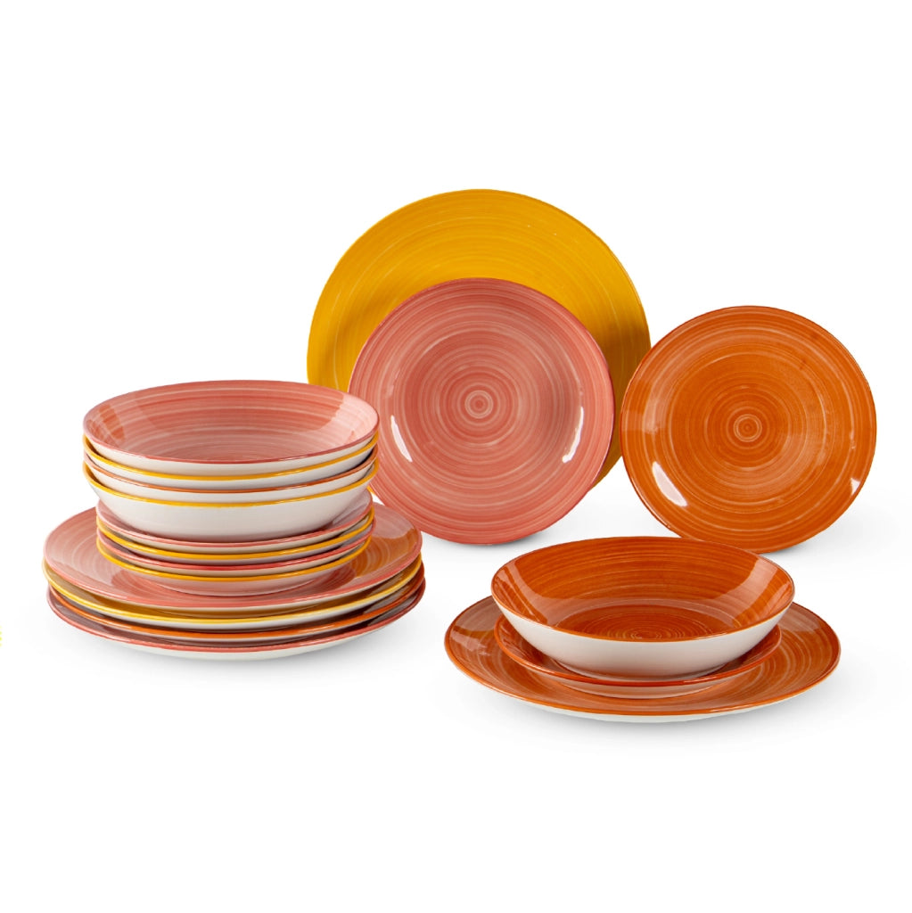 Set 18 Piatti in Porcellana Colorati Servizio Tavola Moderno 6 Persone Piatti Piani Ø27 cm, Fondi Ø20 cm e Dessert Ø19 cm Lavastoviglie e Microonde Certificati per Contatto Alimentare Fuoco