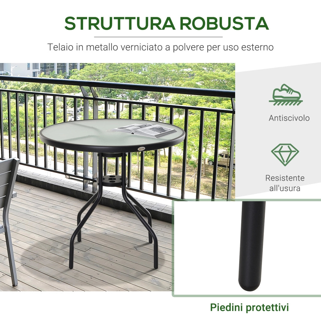 Tavolino da Giardino con Piano in Vetro Temperato e Foro per Ombrellone Acciaio §¶80 x 72 cm Nero