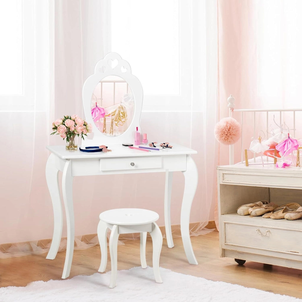 Toeletta Trucco per Bambina, Specchiera per Ragazzi in Legno Robusto, Postazione Trucco 2 in 1 con Cassetto, Sgabello e Specchio Staccabile, 70 x 34 x 105 cm (BIANCO)