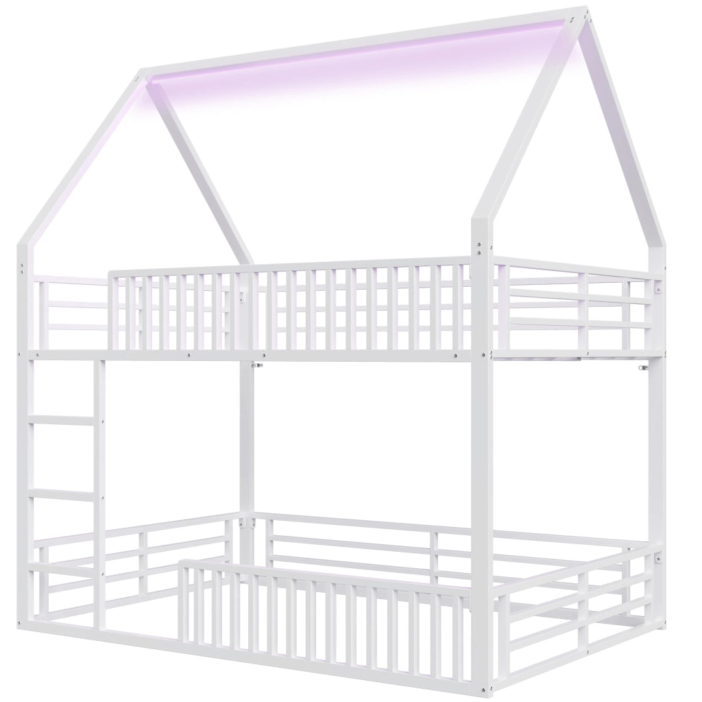 Letto a castello a casetta 140x200 cm in metallo bianco con LED a 7 colori