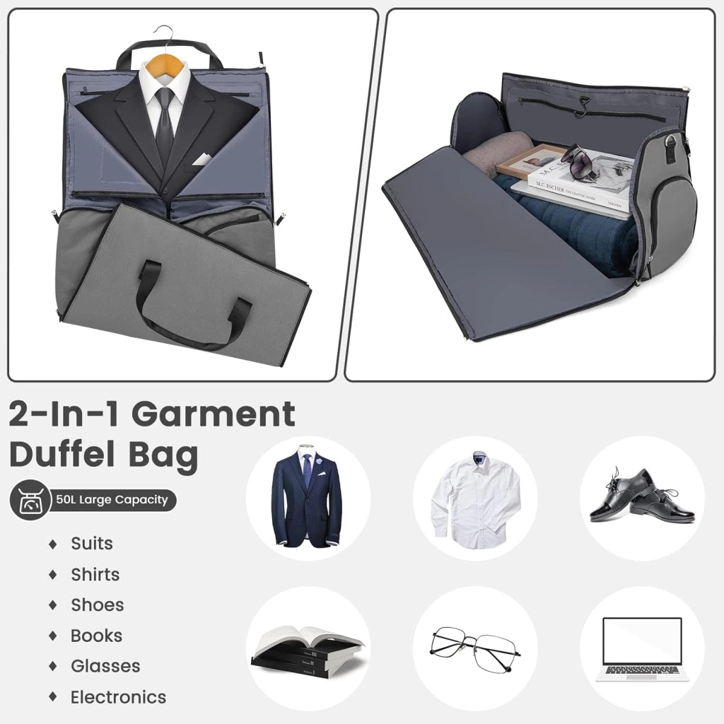 Borsa da trasporto 2-In-1 convertibile con tasca per scarpe, borsa da viaggio per viaggi d’affari/fine settimana/palestra 50L per uomini donne (Grigio Scuro)