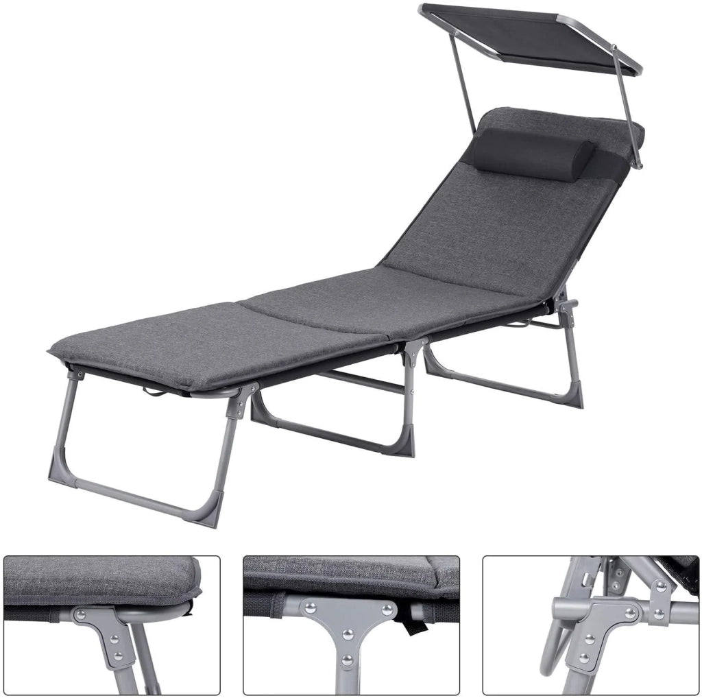 Lettino prendisole/sdraio con materasso da 3 cm cuscino per lo schienale e ombrellone inclinabile pieghevole 53 x 193 x 29,5 cm portata 150 kg per giardino grigio scuro 12_0001104