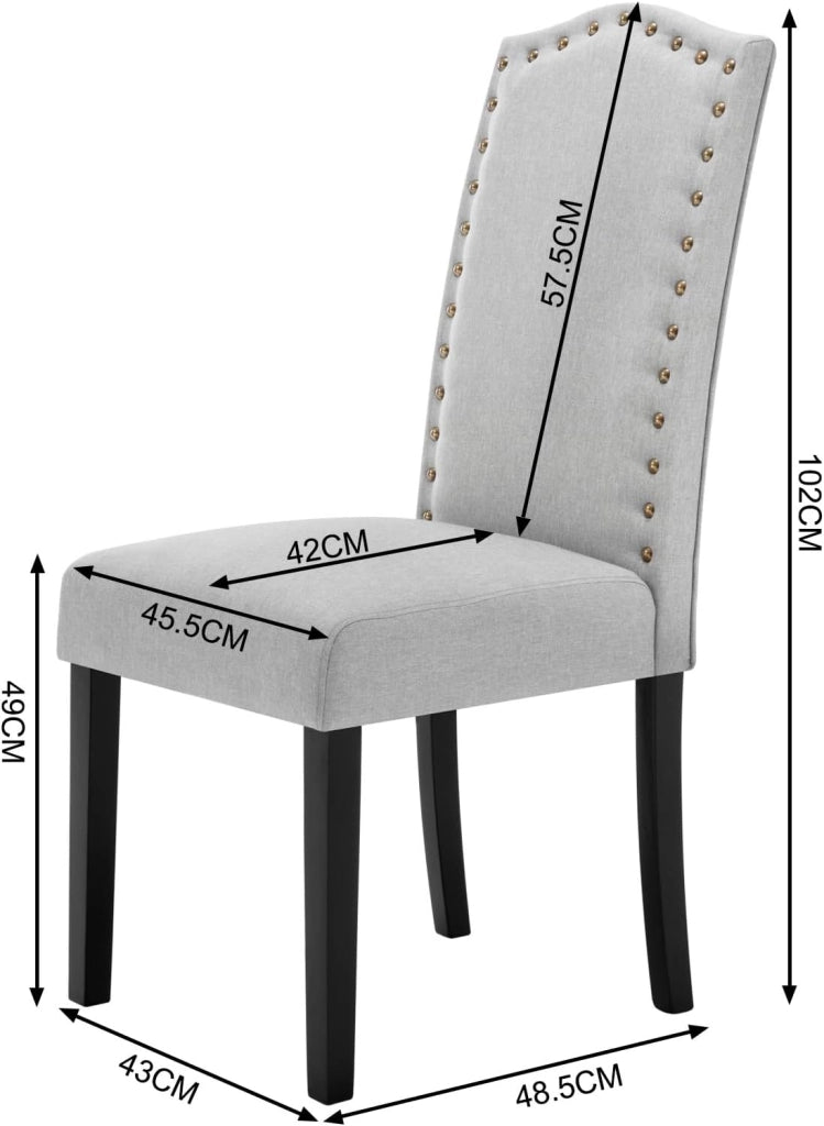 6 Pezzi Sedie per Sala da Pranzo con Schienale Alto, Sedie da Cucina con Gambe in Legno Massello, Sedia da Soggiorno Imbottite, Decorazione con Rivetti, in Lino, Grigio chiaro, BH386hgr-6