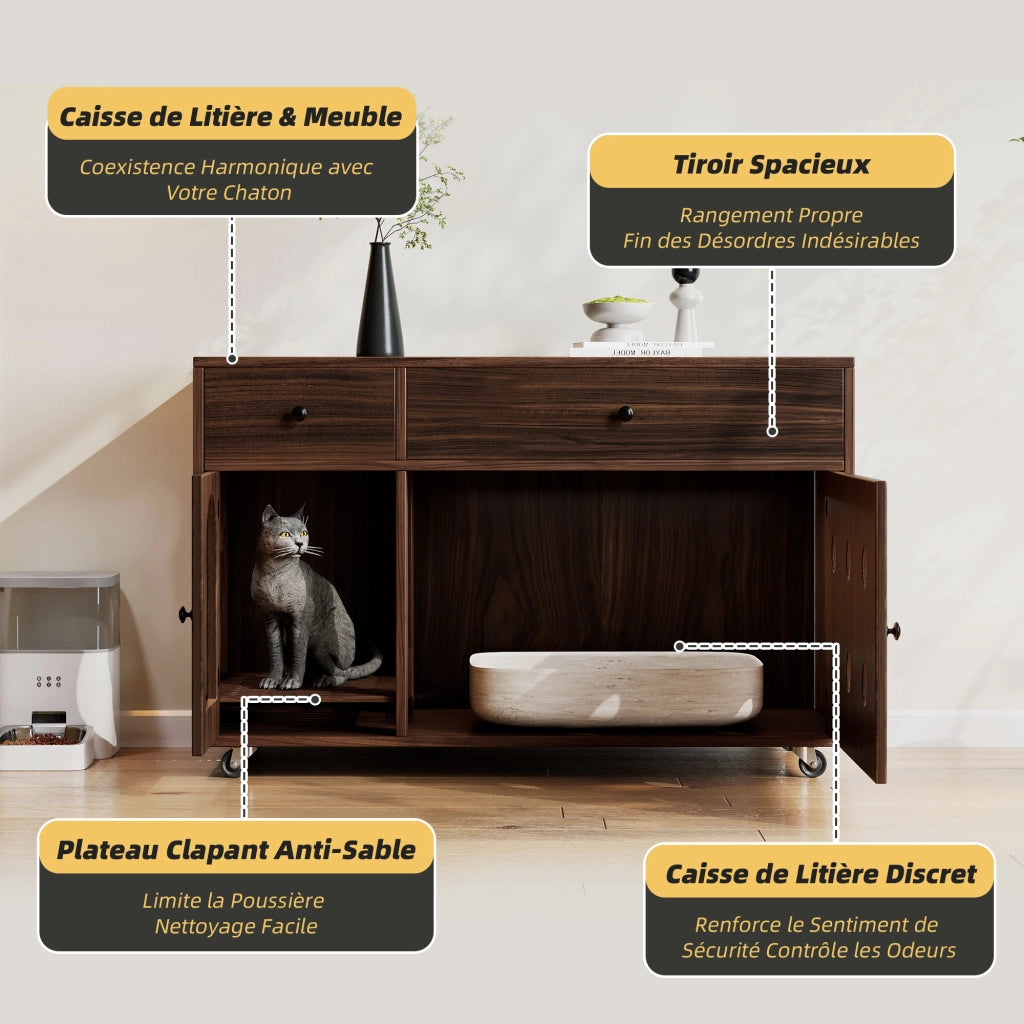 Mobile copri lettiera per gatti con 2 cassetti e vaschetta estraibile, per soggiorno, in MDF, noce, 100 × 45 × 66 cm