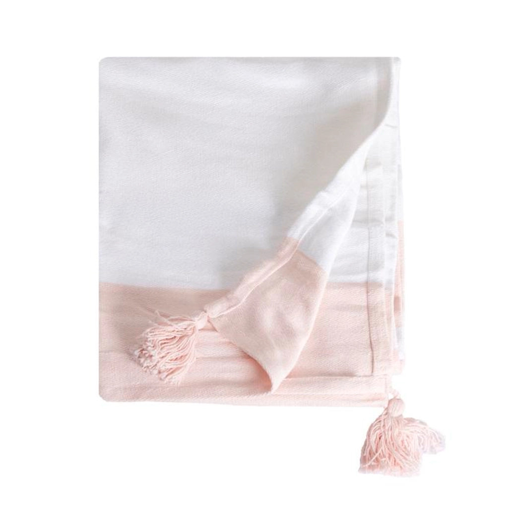 100% cotone rosa pallido coperta a quadri con pompon 130x170cm SLAVANN