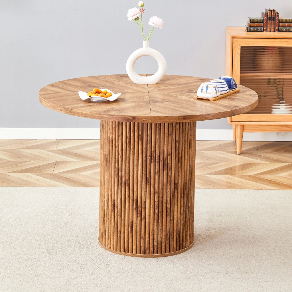 Tavolo da pranzo rotondo in MDF e metallo con piano a 4 segmenti e base cilindrica, per cucina, effetto legno, 100 × 76 cm