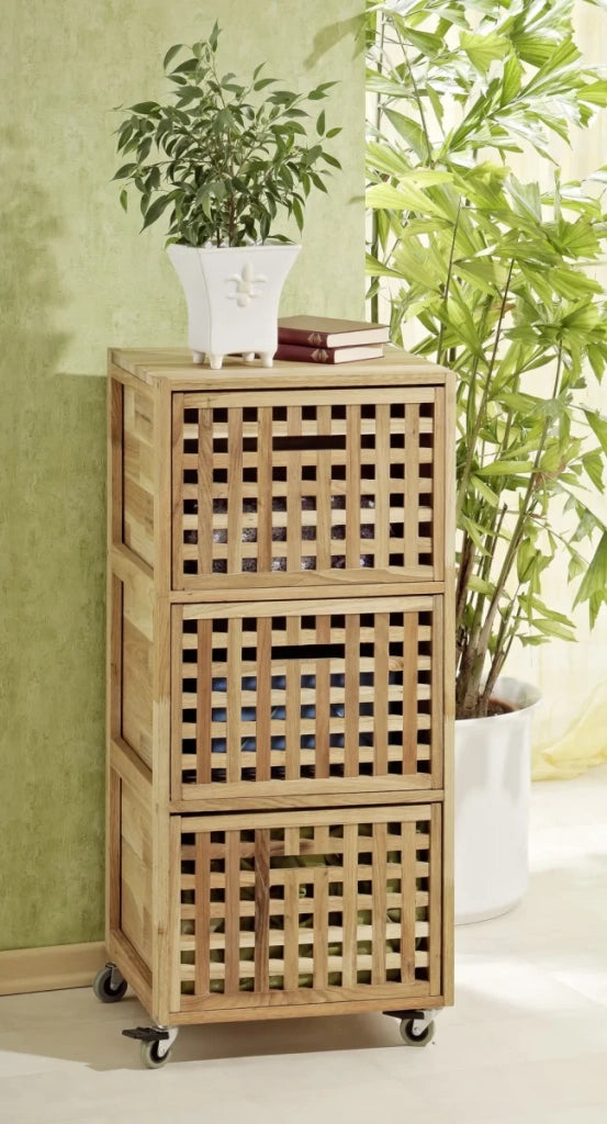 Contenitore a rotelle, 3 scatole, design a griglia, legno di noce