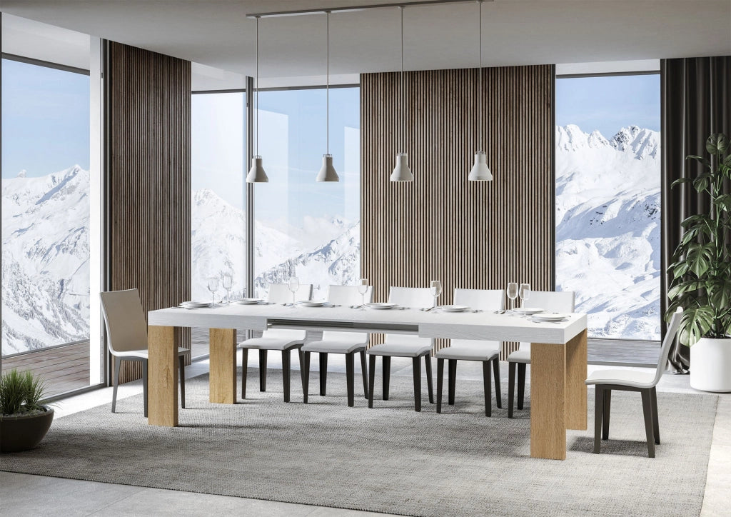 Tavolo Allungabile 160/420x90x77 cm Roxell Mix piano Bianco Frassino gambe Quercia Natura