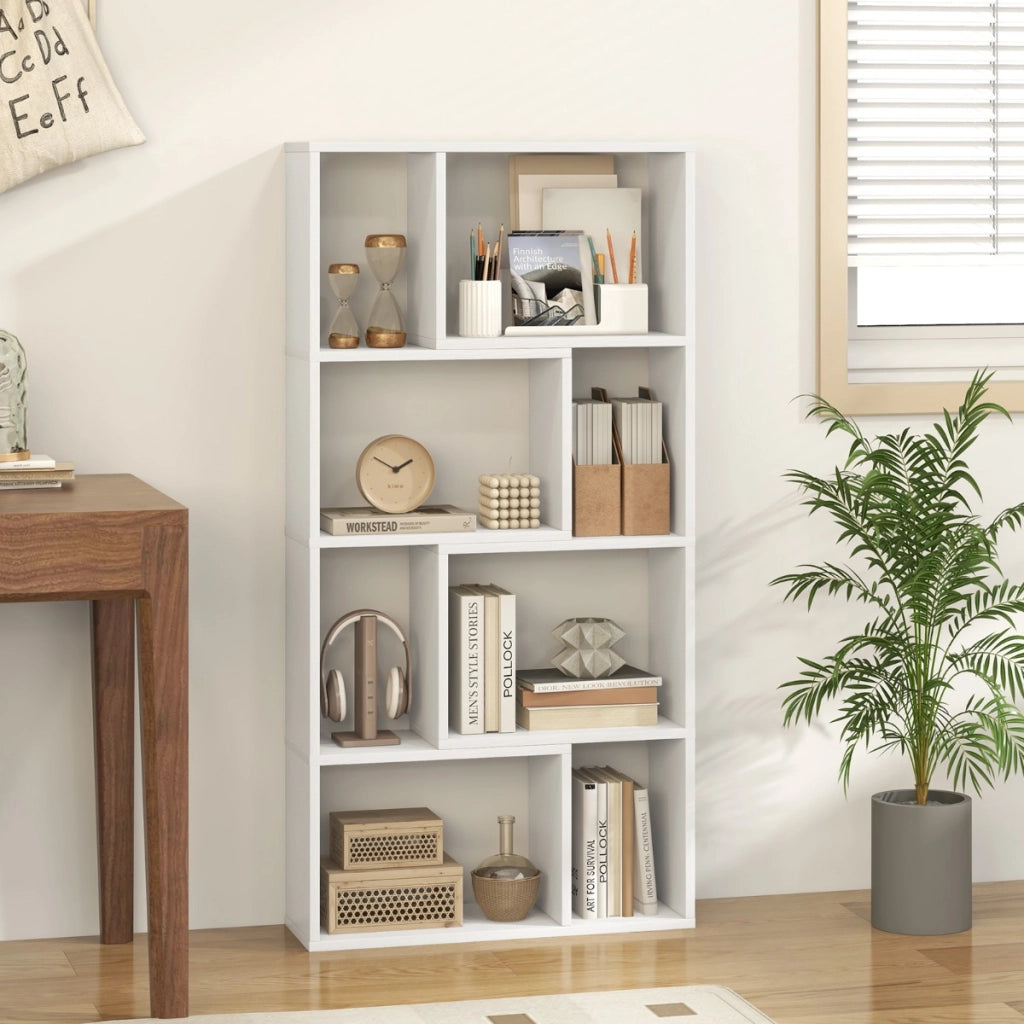 Libreria geometrica a 4 ripiani da 120cm-Organizzatore di stoccaggio moderno con 8 cubi in legno per soggiorno Bianco