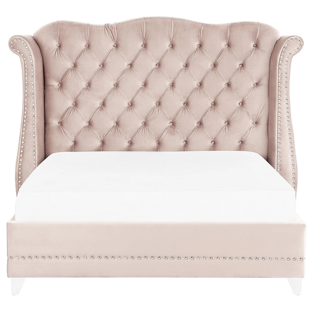 Letto in velluto color rosa 160 x 200 cm testiera alta decorata con bottoncini stile retrò e tradizionale