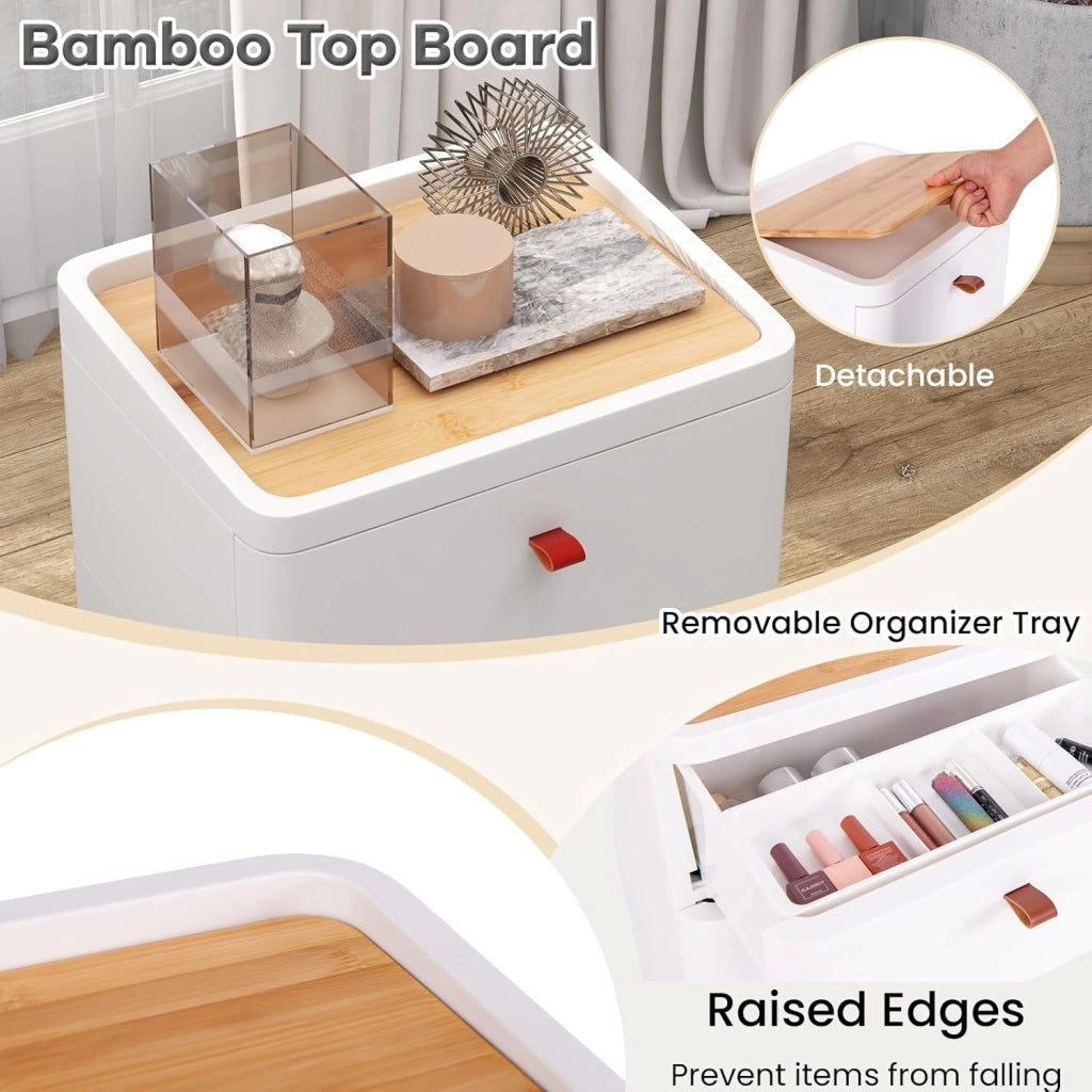 Cassettiera con 4 Cassetti con Vassoio Rimovibile e Gambe in Legno Massello, Cassettiera Camera da Letto in Legno, Armadietto per Soggiorno, Ufficio, Studio, 42 x 32 x 81,5 cm, Bianco