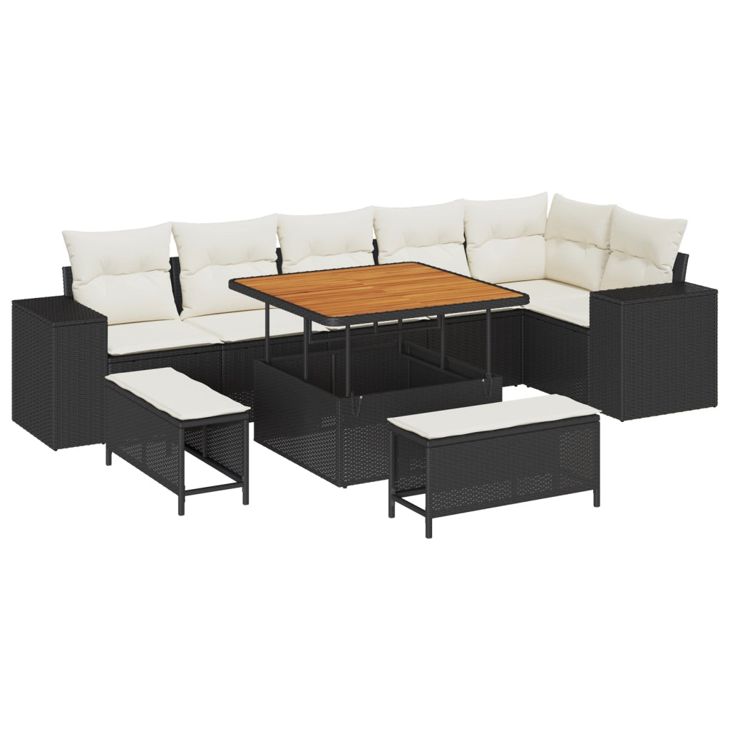 Set Divano da Giardino  9 Pezzi con Cuscini Polyrattan Nero Acacia