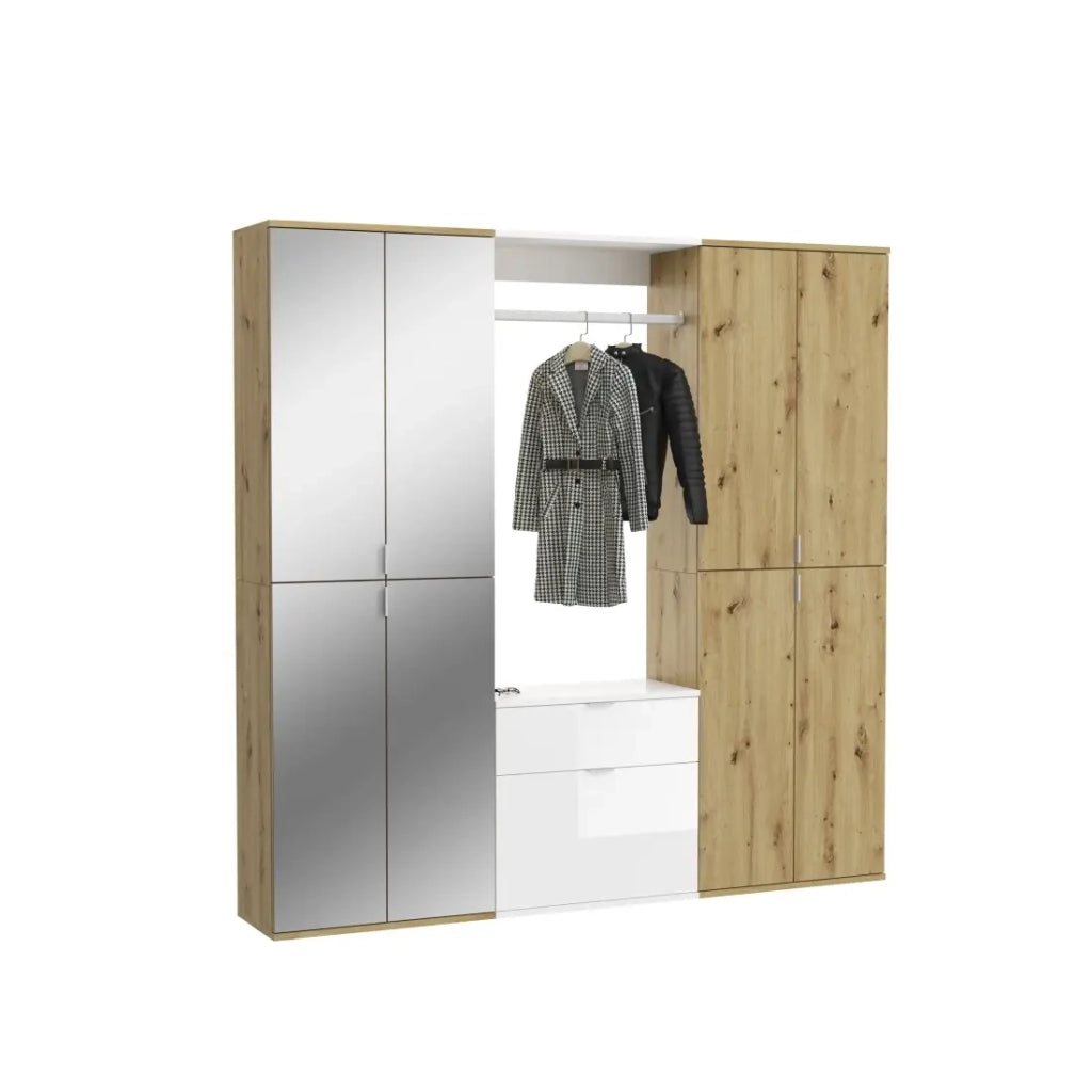Armadio con 8 ante, 4 specchi, 2 cassetti e un guardaroba - Bianco e rovere - BODITE