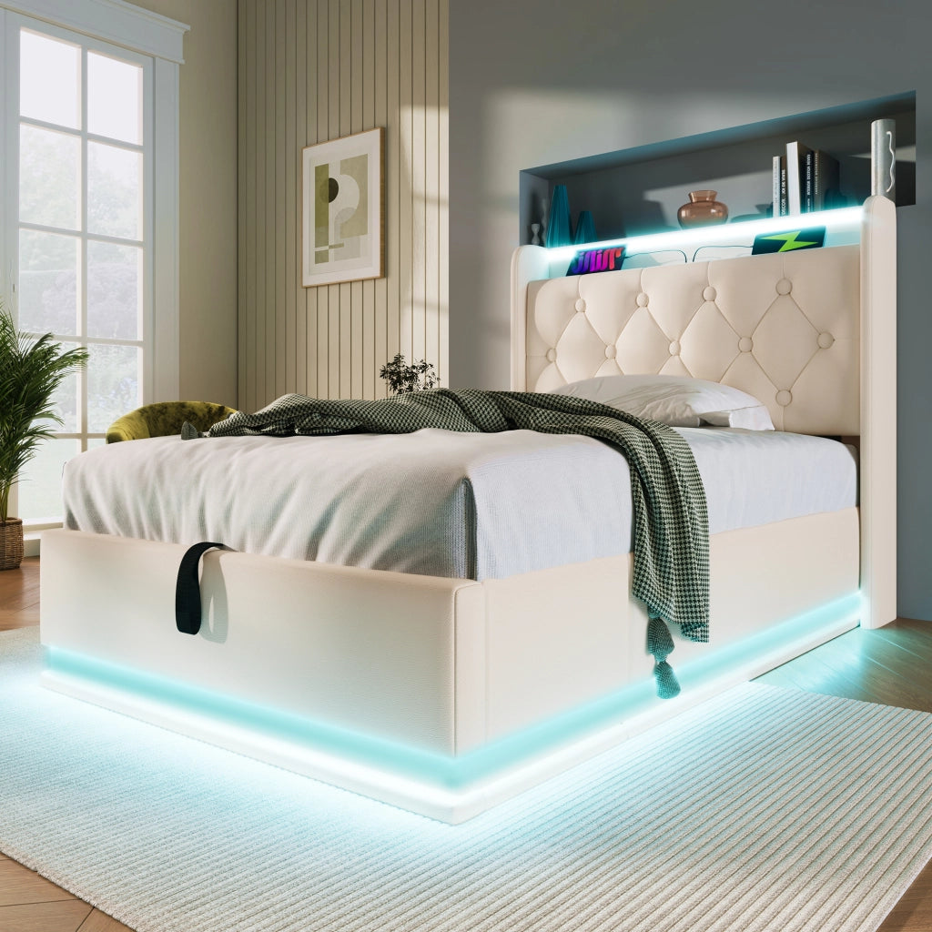 Letti contenitori 90x200 cm LED 360°; USB Tipo-C; PU bianco (Senza materasso)