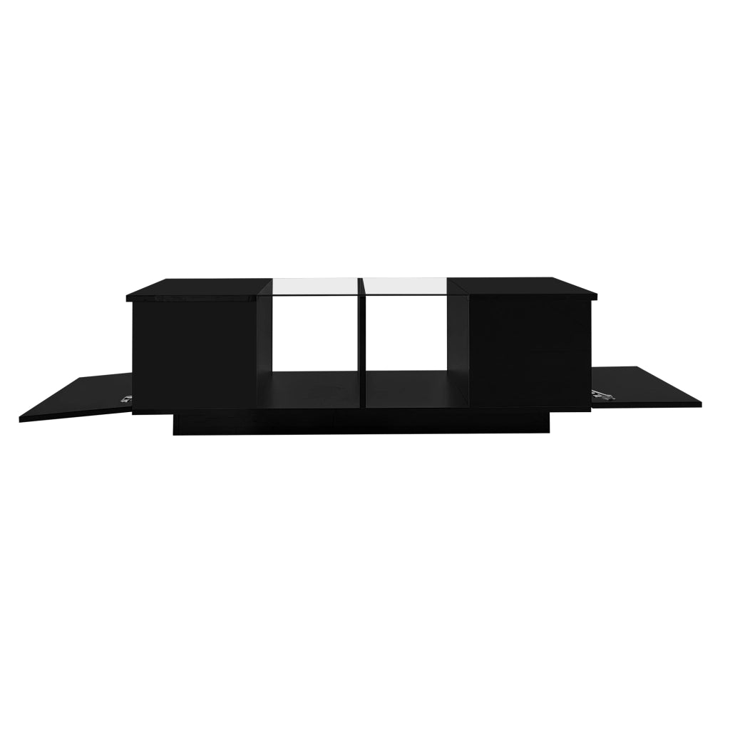 Tavolino da caffè 120x50x38.5 cm; LED integrato e vano laterale; vetro; MDF e truciolare nero