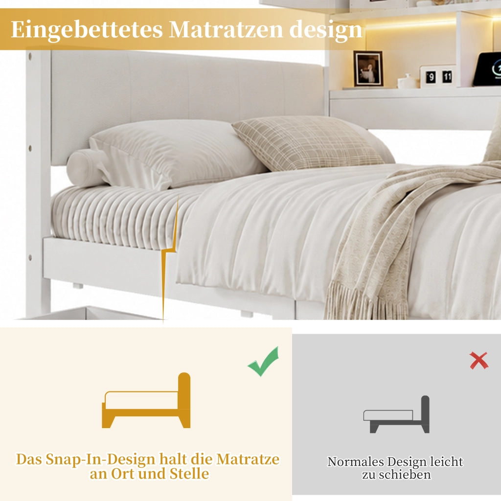 LETTO 90x200 cm Bianco con LED, USB, cassetti e vani contenitore