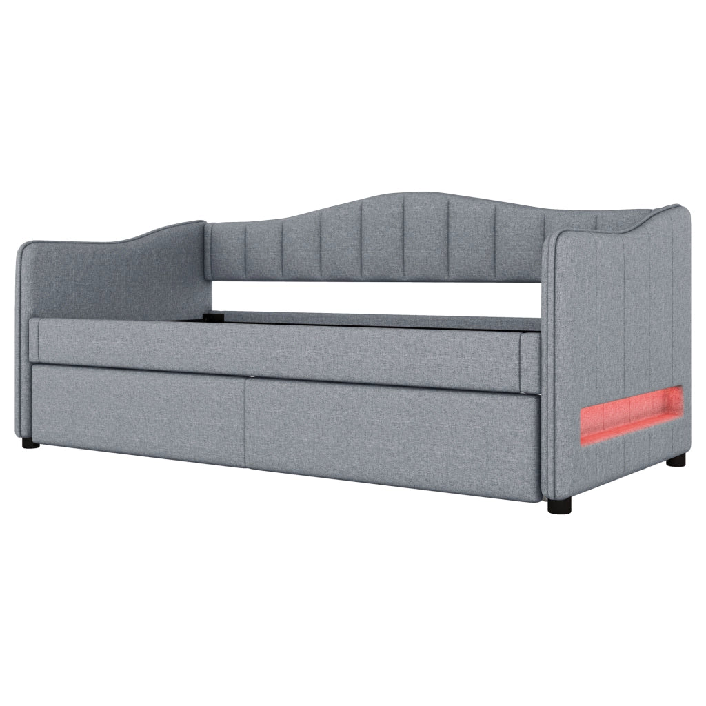 Letto daybed 90x200 cm con letto estraibile, design moderno in lino e MDF, colore grigio, con illuminazione LED ambientale