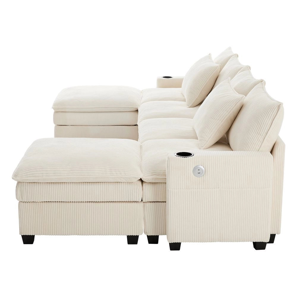 Divano moderno a L - Xylo - Velluto, USB, poggiapiedi, ripostiglio, beige