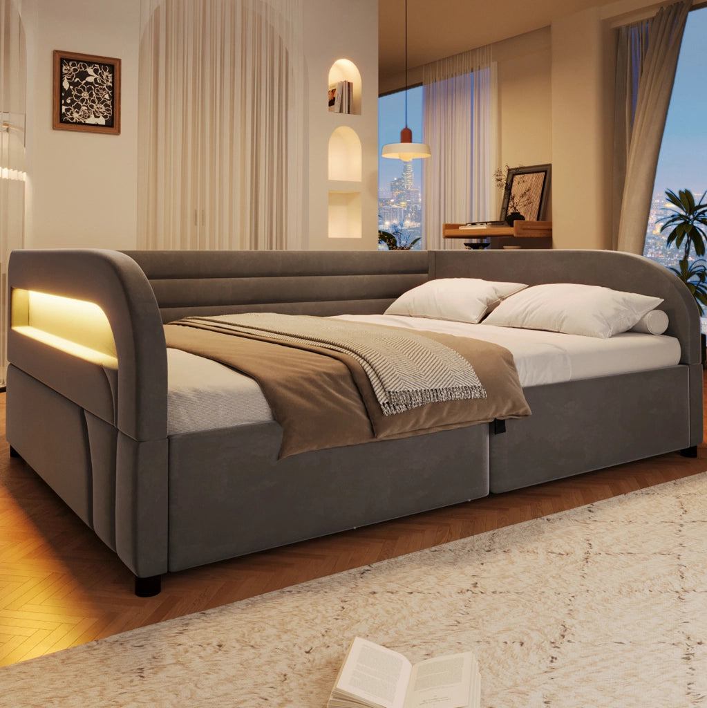 Letto imbottito 140x200 cm con contenitore idraulico e LED