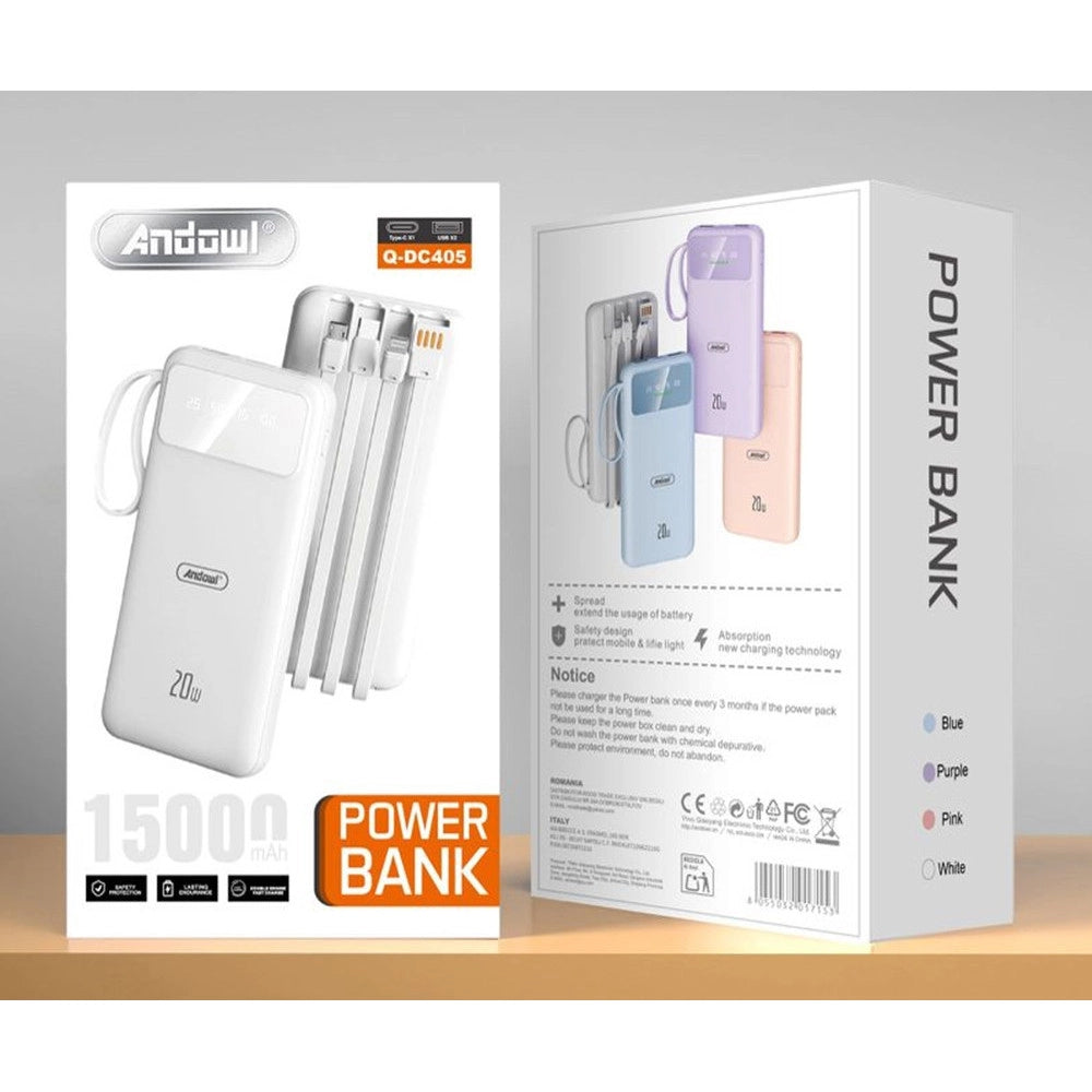 Trade Shop - Power Bank Portatile 15000 Mah Ricarica Rapida 20w Con Cavi Integrati Design Sicuro Q-dc405 -