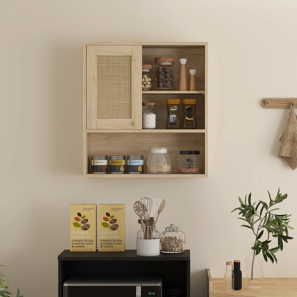 Armadio da bagno con ante scorrevoli e ripiani aperti ¨C zephmum ¨C legno naturale