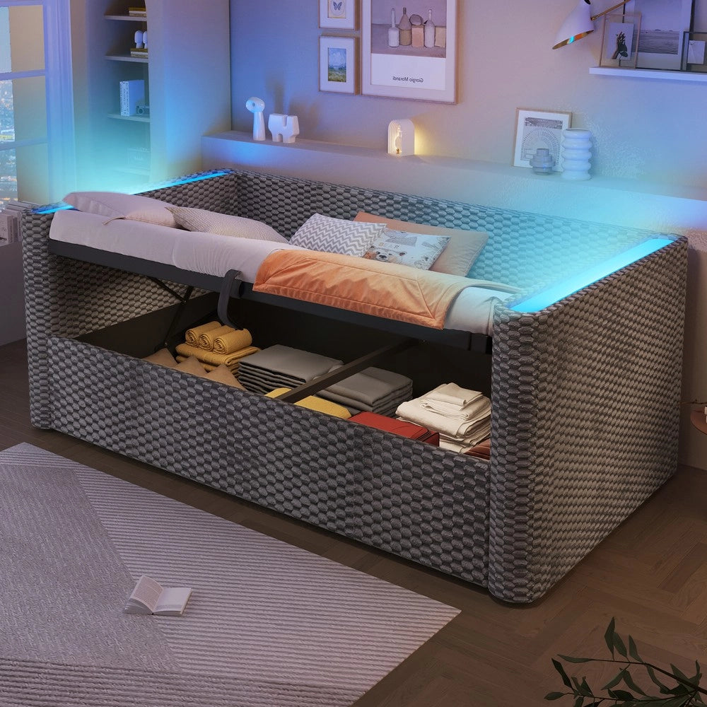 Letto Contenitore Singolo con LED ¨C MINIMAL ¨C Velluto Grigio, Idraulico, 90x200
