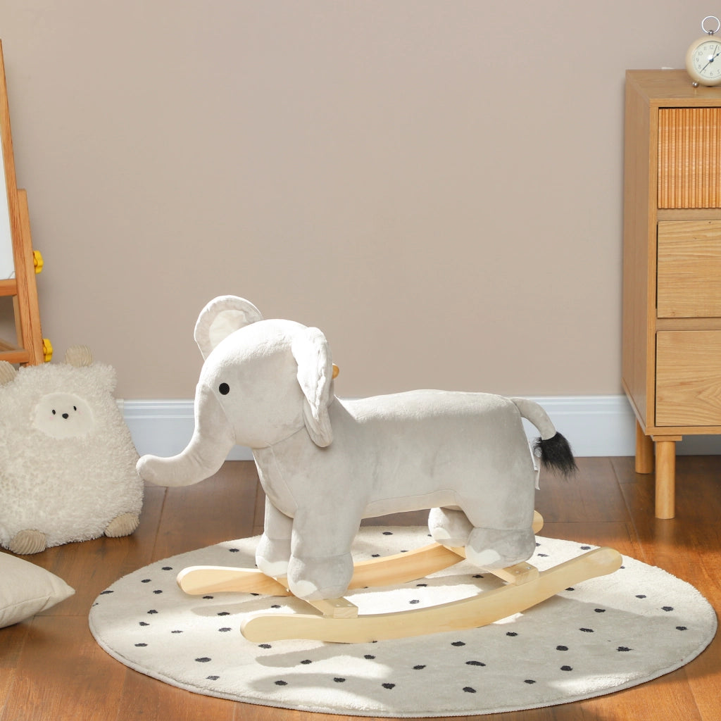 Cavallo a Dondolo per Bambini 2-4 Anni a Forma di Elefante con Suoni e Rivestimento Morbido, Grigio