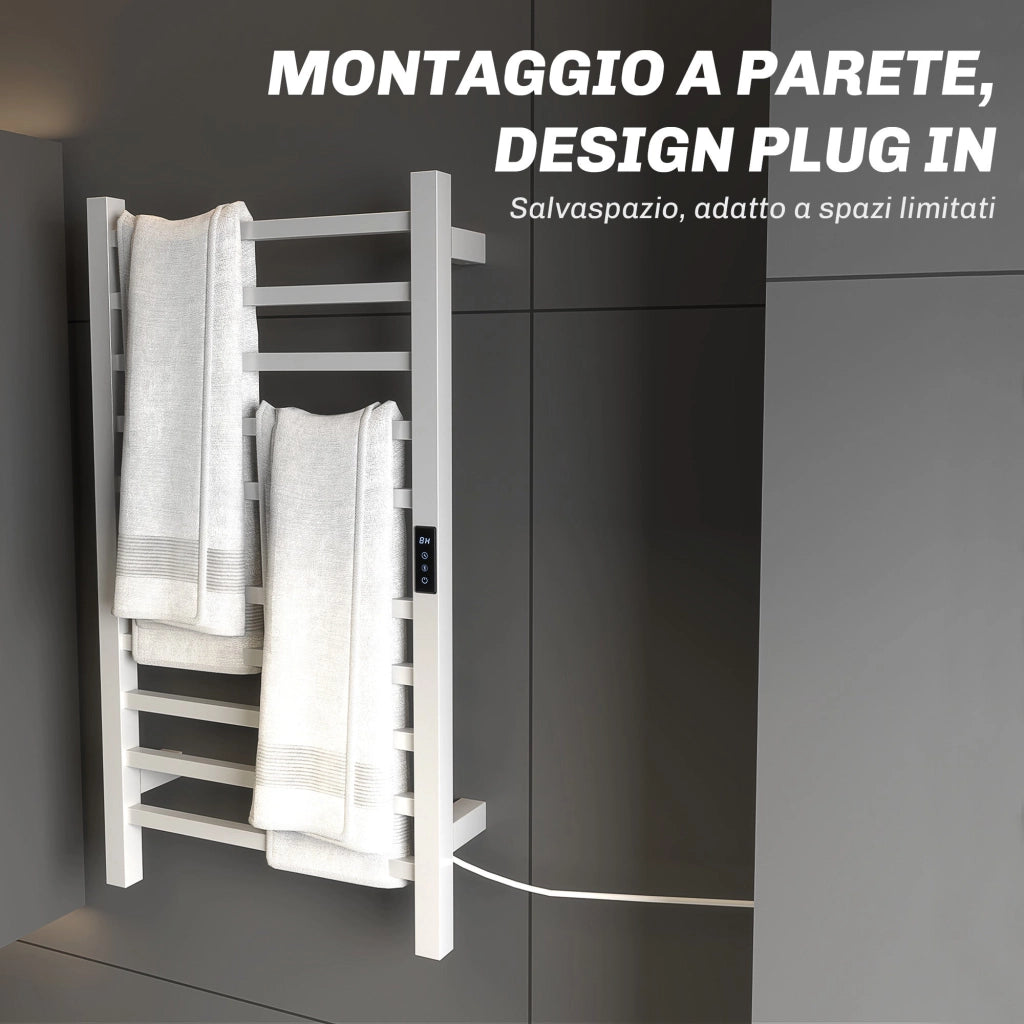 Scaldasalviette Elettrico Smart 45x11x80 cm a 10 Barre con Timer e Display LCD in Acciaio Inox Bianco