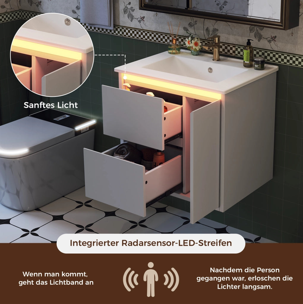 Mobile lavabo sospeso bianco con lavabo integrato e LED sensore