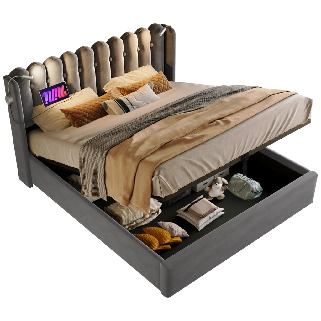 OKWISH Letto Contenitore 160 x 200 cm, Letto Matrimoniale con USB, Luce da Lettura e Vano Contenitore, con Materasso