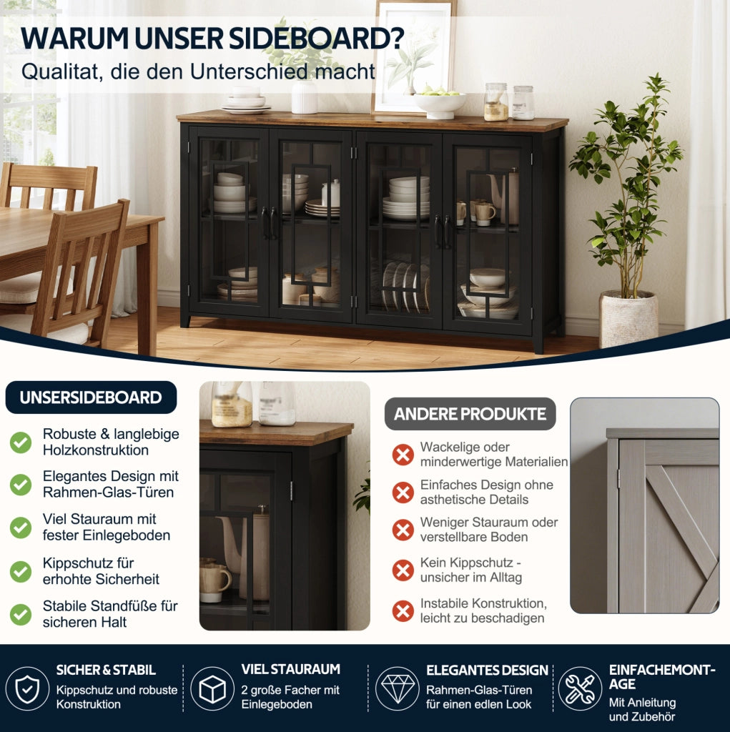 Credenza da cucina 160 cm con ante in vetro; piano effetto legno; nero
