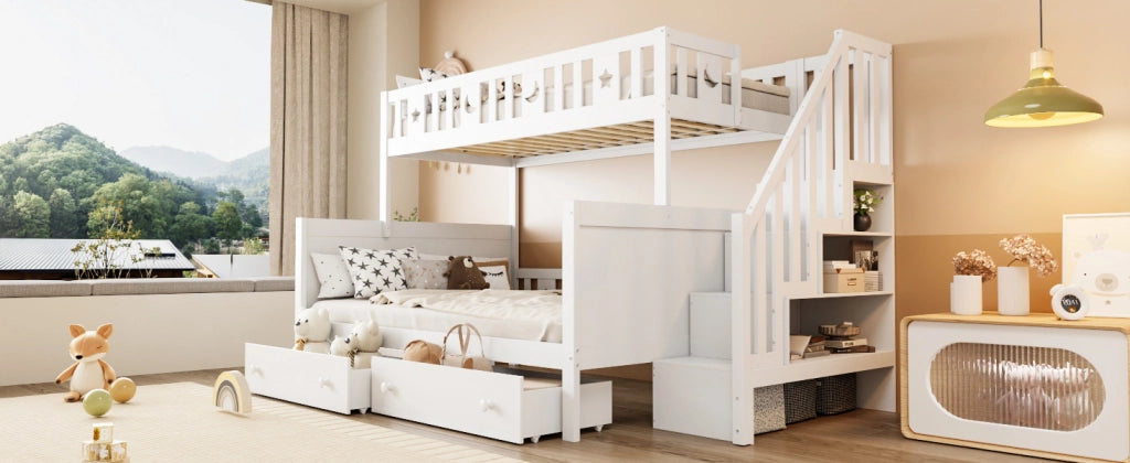 DESMIU Letto a castello 2 posti con scala contenitore e 2 cassetti, 90 × 200 e 140 × 200 cm, senza materasso