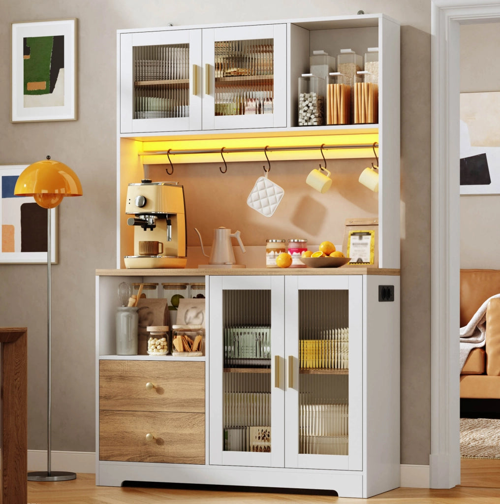 Credenza alta da cucina 178 cm con LED; prese USB; ante in vetro temperato; bianco naturale