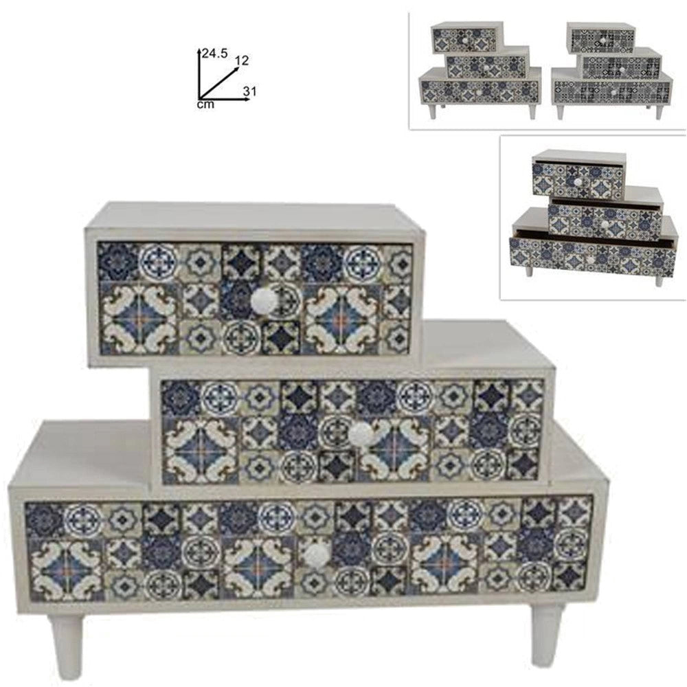 Trade Shop - Porta Oggetti Cassettiera Sfalsati Con 3 Cassetti Legno Country Chic Arredamento -