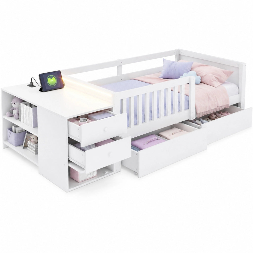 Letto per bambini 90x200 cm bianco; struttura in metallo e MDF con LED