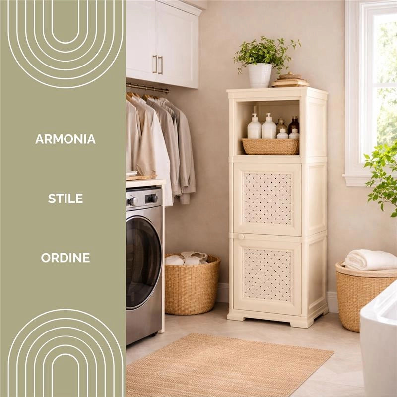MOBILE MULTIUSO 3 MODULI ANGORA 40X43X125 CM CON ANTA TRAFORATA E VANI A GIORNO – MOBILE CONTENITORE VERTICALE PER ORGANIZZAZIONE CASA