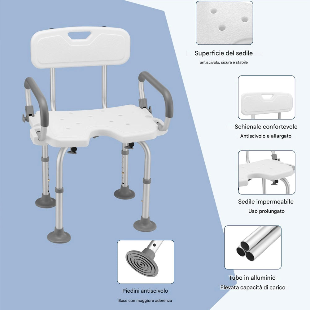 Sedia da Doccia Sedile da Bagno Altezza Regolabile 70-83 cm in Alluminio e HDPE Bianco