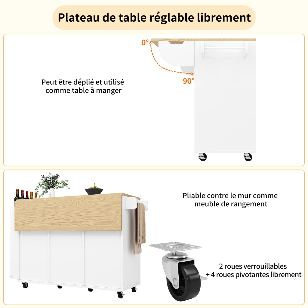 Carrello da Cucina con 3 Cassetti; 2 Ante Scorrevoli e Piano Pieghevole; 110 x 42 x 90 cm; Bianco