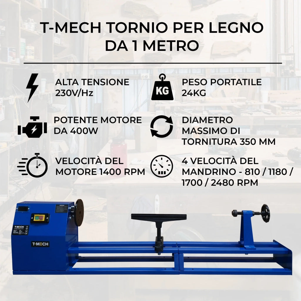 Tornio per Legno T-Mech 400W con 6 Scalpelli e 4 Velocità Regolabili