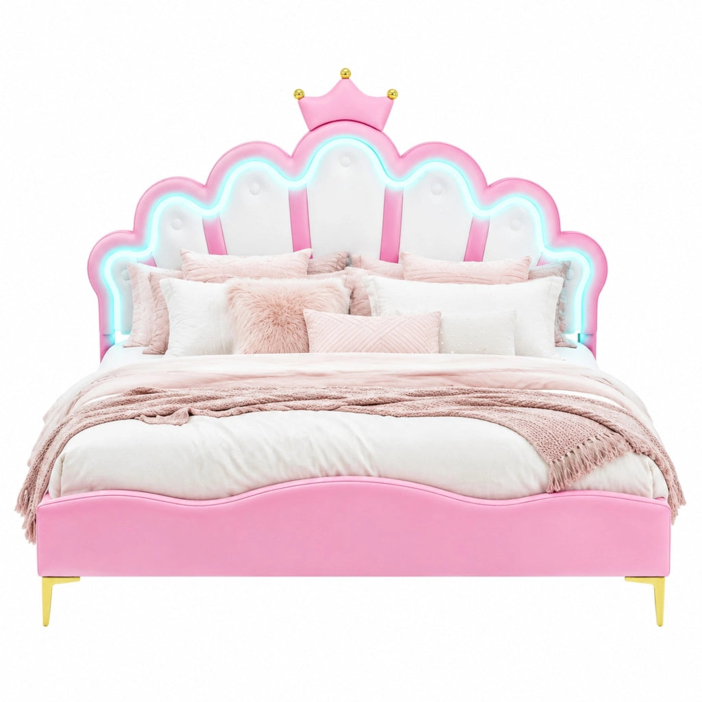 Letto matrimoniale 140x200 cm con testiera a corona, illuminazione LED e rivestimento in PU rosa