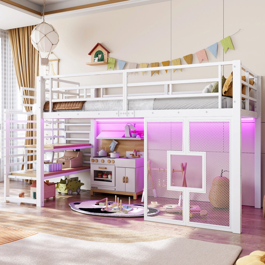 Letto a soppalco singolo 90 × 200 cm con scala contenitore, LED e finestre, senza materasso, bianco