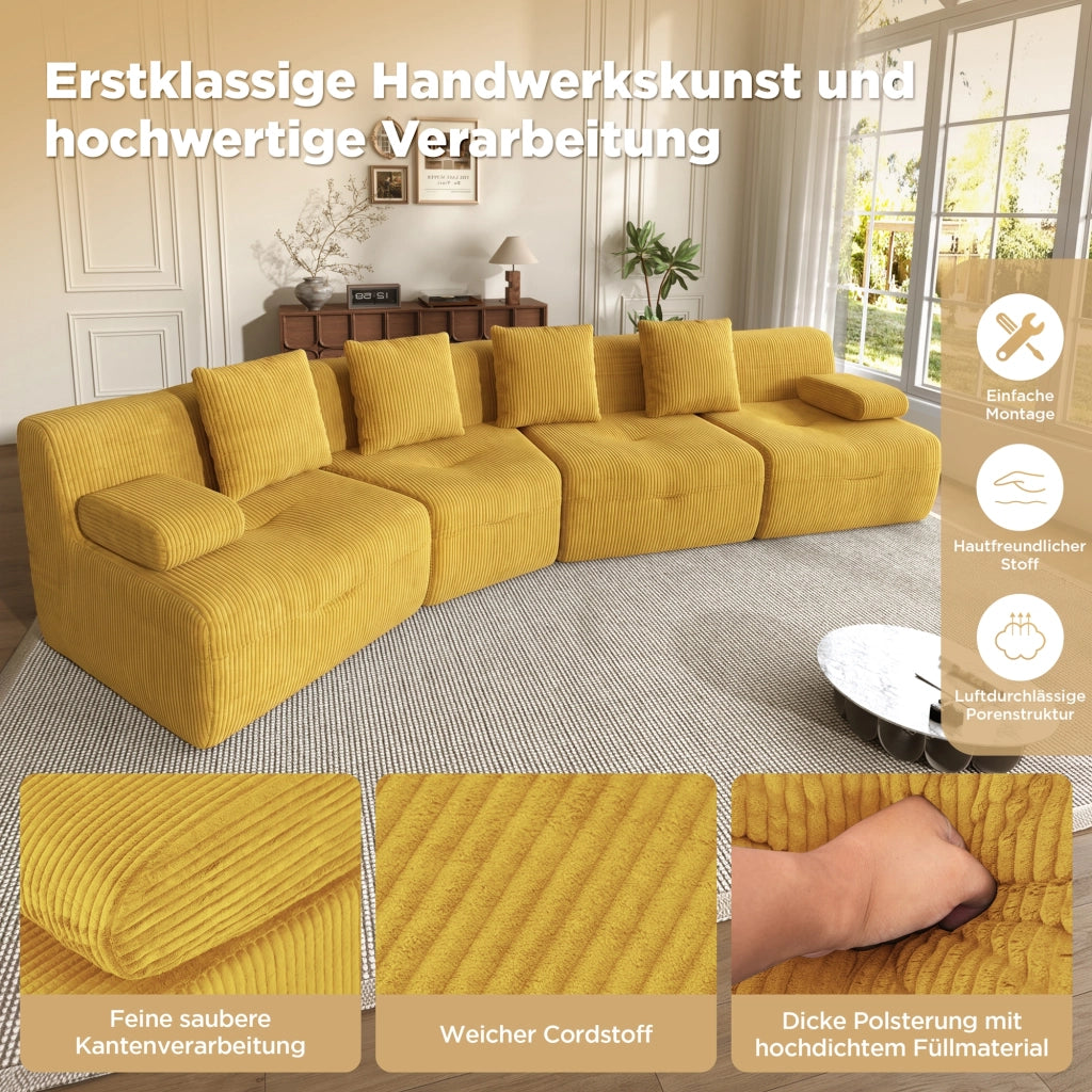 DIVANO modulare 4 posti 311x90x65 cm in velluto a coste giallo brillante