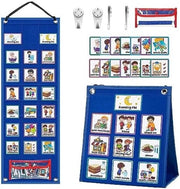 Calendario visivo per bambini con 70 carte, tabella della routine quotidiana, 2-in-1, orario visivo per camera da letto, scuola, casa, calendario educativo, 67,5 x 24 cm - Blu