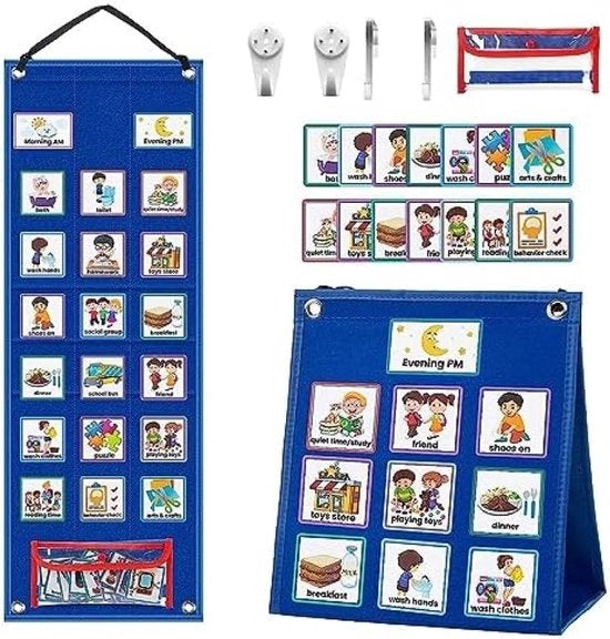 Calendario visivo per bambini con 70 carte, tabella della routine quotidiana, 2-in-1, orario visivo per camera da letto, scuola, casa, calendario educativo, 67,5 x 24 cm - Blu