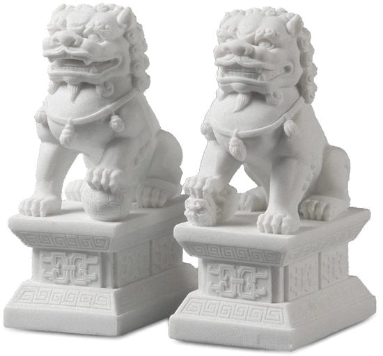 Cani da Guardia Autentici - Decorazione Feng Shui - 1 pezzo - Marmo Bianco Jade - 18 cm