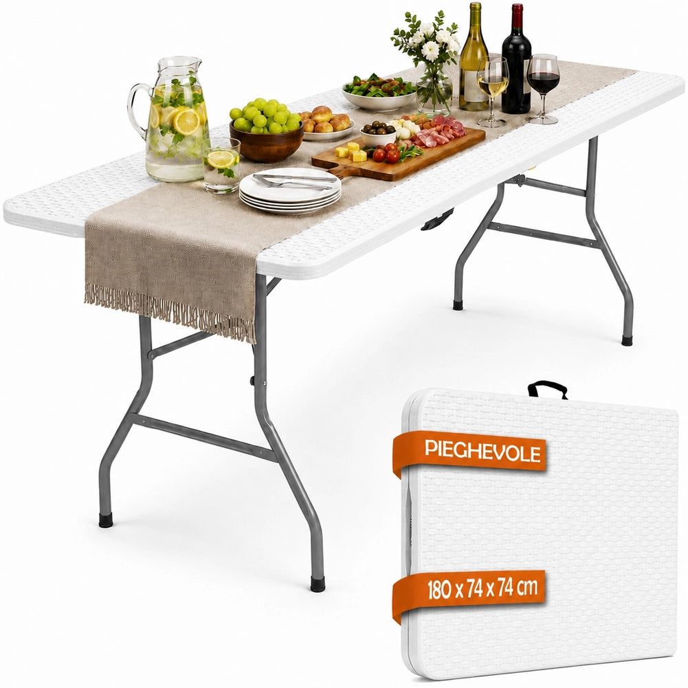 Tavolo Pieghevole Bianco Polyrattan Resistente Tavolino da Esterno 180x74x74cm
