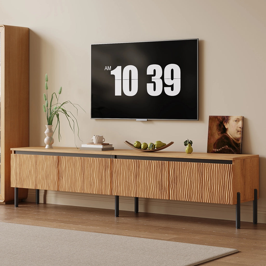 Mobile porta TV con 4 ante ondulate e 2 vani chiusi, fori passacavi, in MDF e truciolare, naturale, 180 × 35 × 43 cm