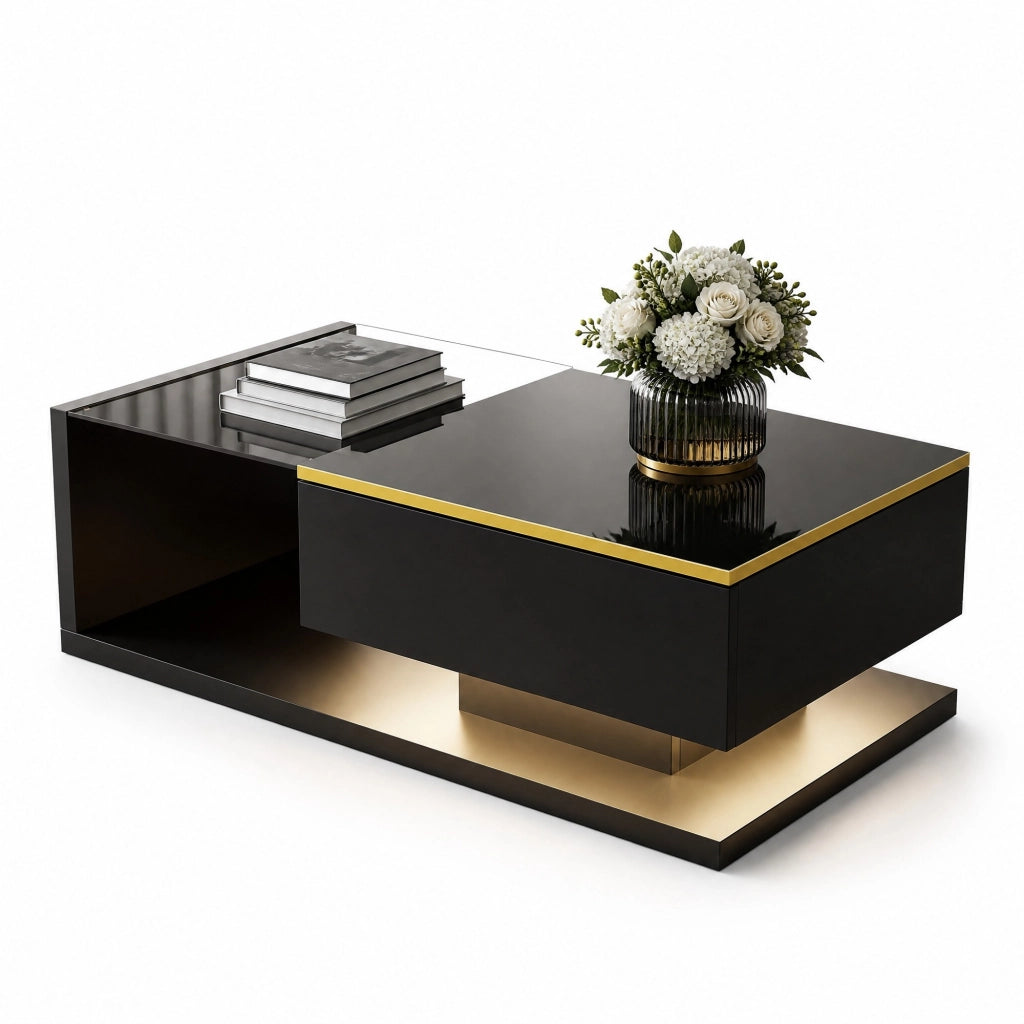 TAVOLINO DA CAFFÈ 100x50 cm Nero lucido con piano in vetro e LED