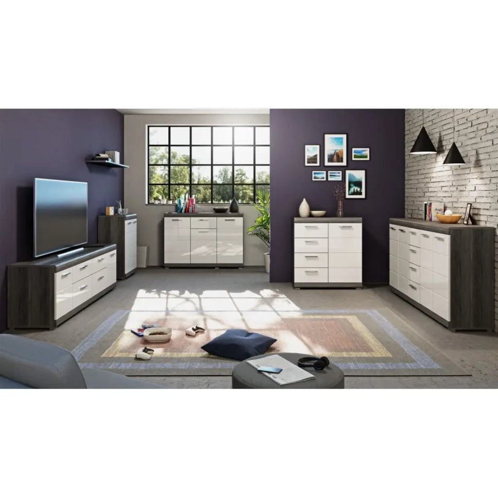 Buffet SCOTT – 4 cassetti e 1 porta – Grigio scuro e bianco – 80x85x37 cm