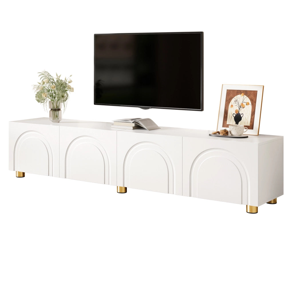 Mobile TV con 4 ante e rilievo ad arco; per soggiorno; in MDF e truciolare; bianco; 180×35×40 cm